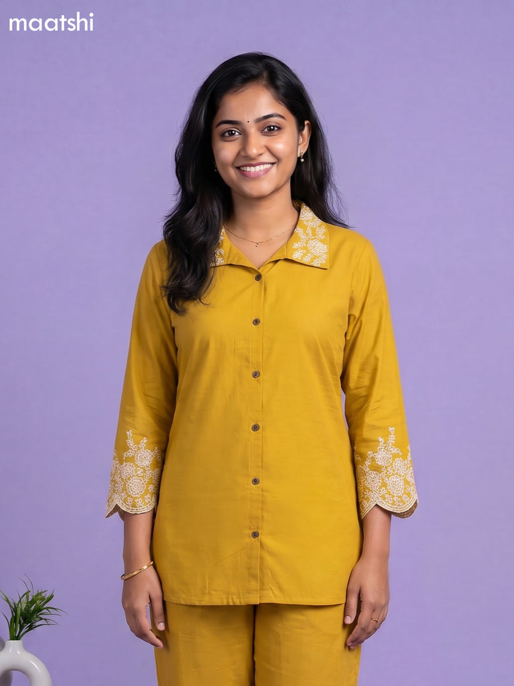 Musted Yellow Cotton Embroidery Work Short Co-Ord Set