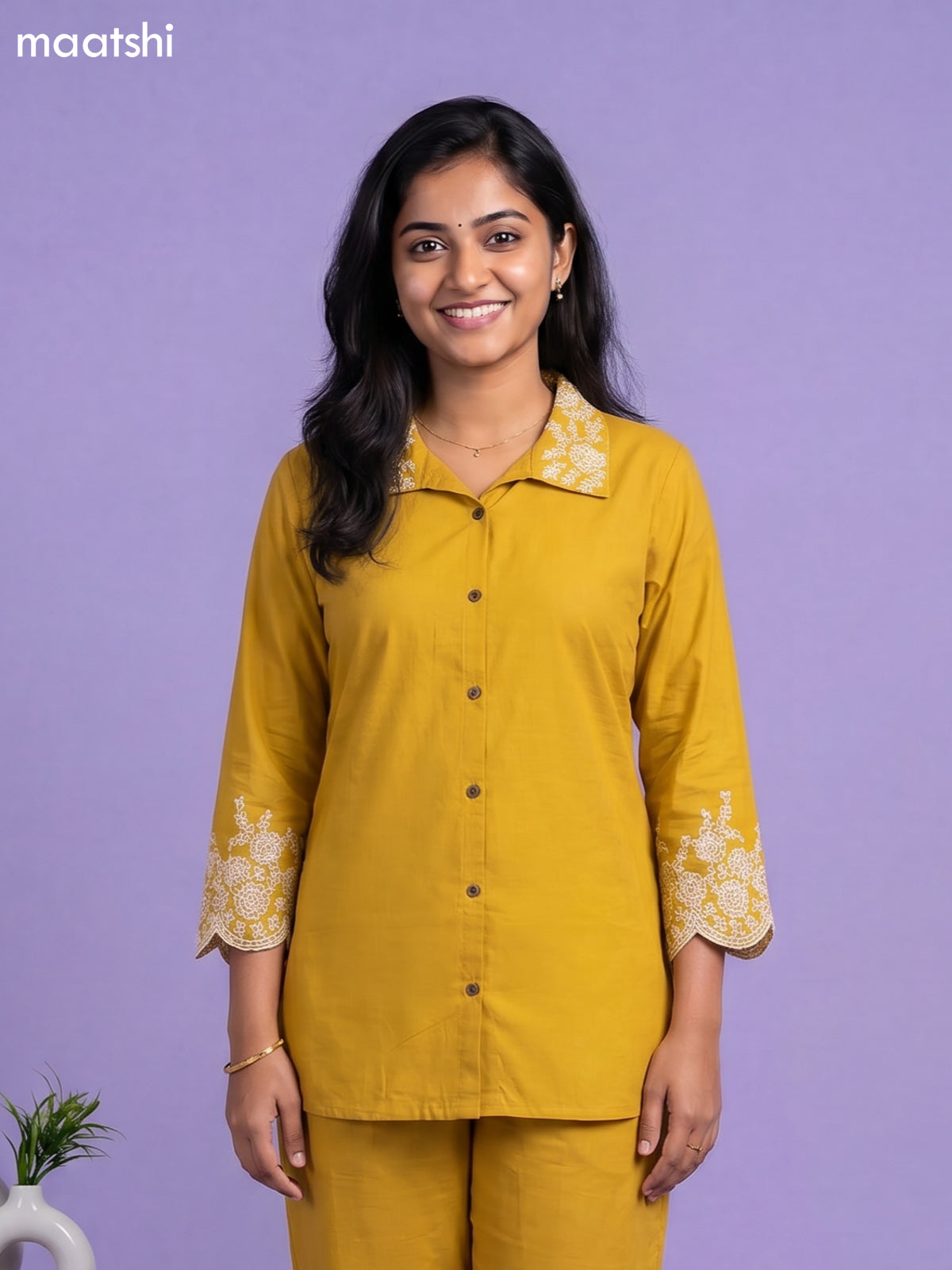 Musted Yellow Cotton Embroidery Work Short Co-Ord Set