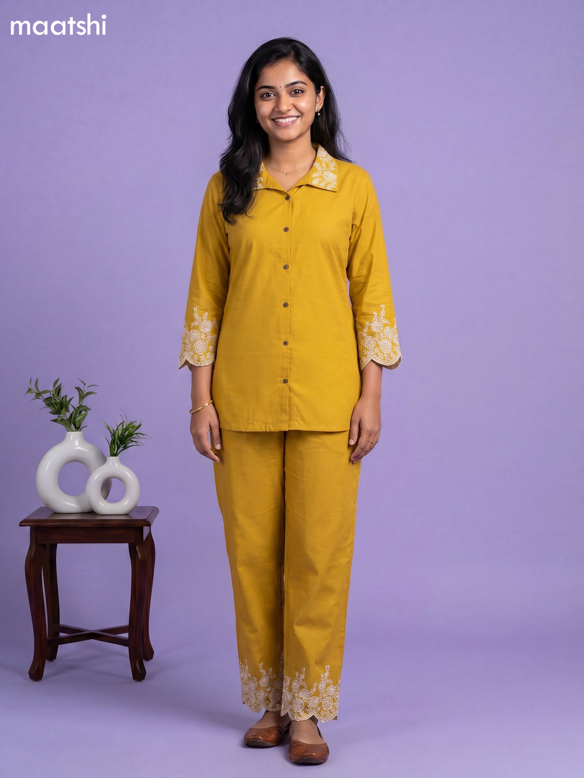 Musted Yellow Cotton Embroidery Work Short Co-Ord Set