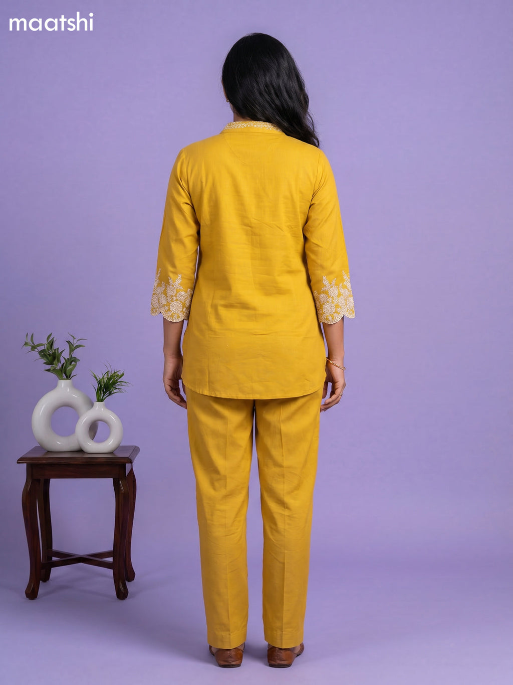 Musted Yellow Cotton Embroidery Work Short Co-Ord Set