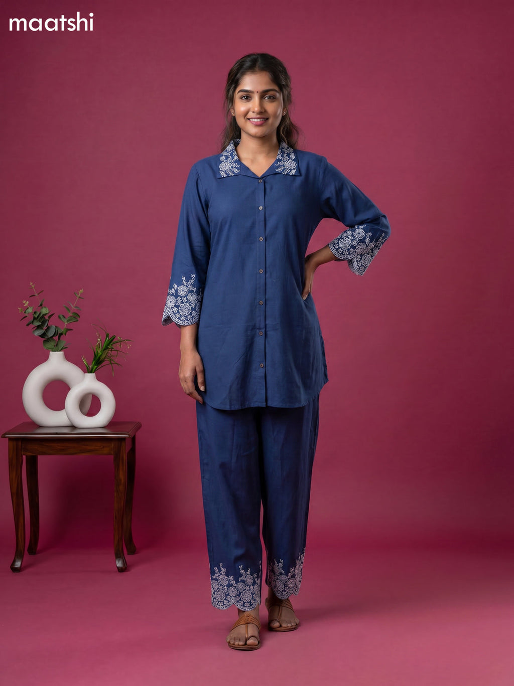 Blue Cotton Embroidery Work Short Co-Ord Set