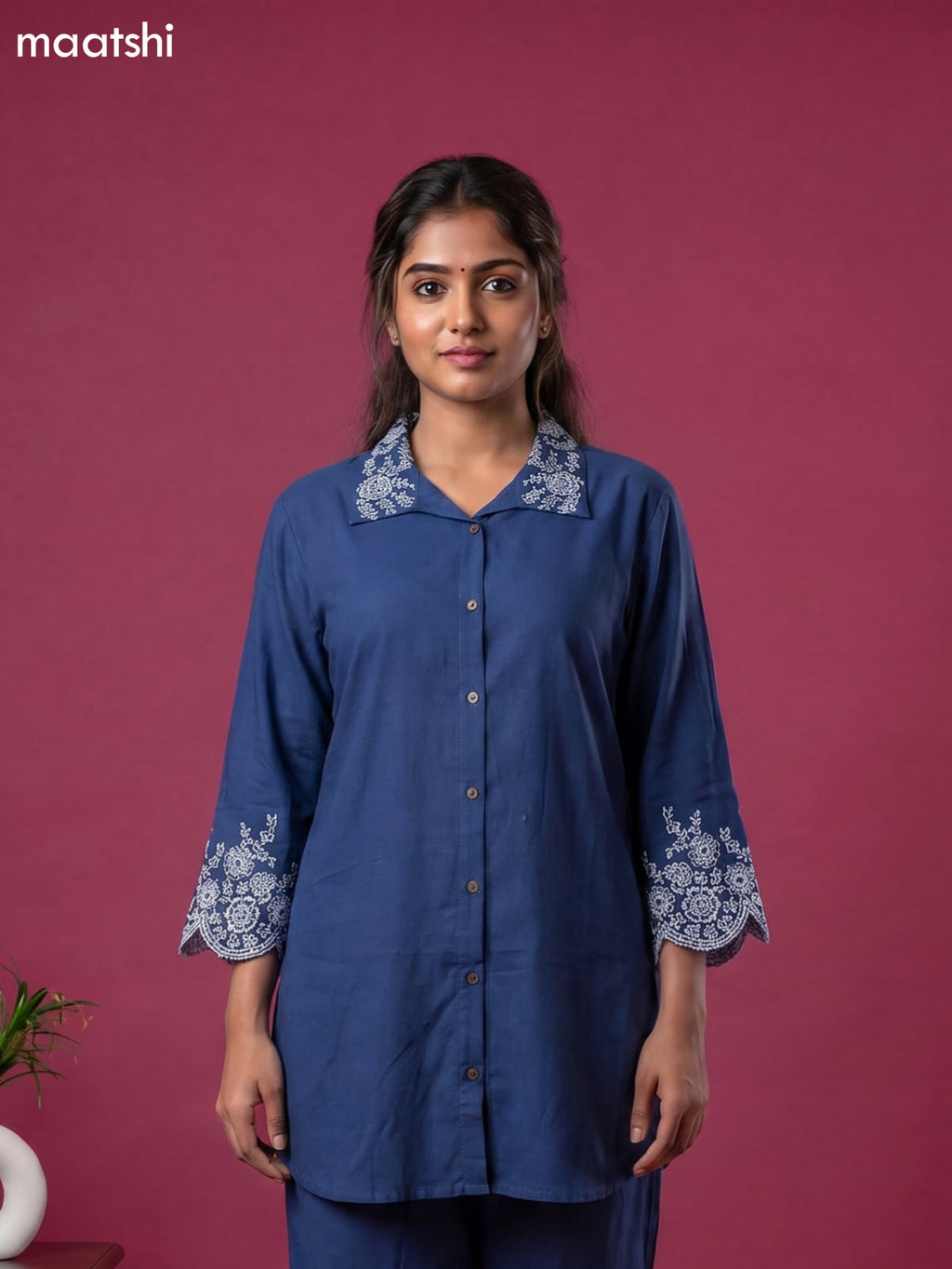 Blue Cotton Embroidery Work Short Co-Ord Set