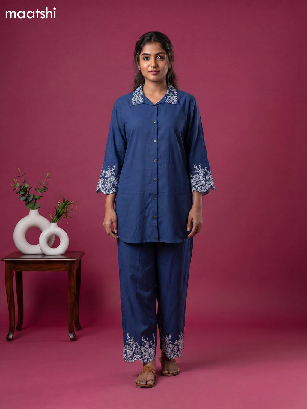 Blue Cotton Embroidery Work Short Co-Ord Set