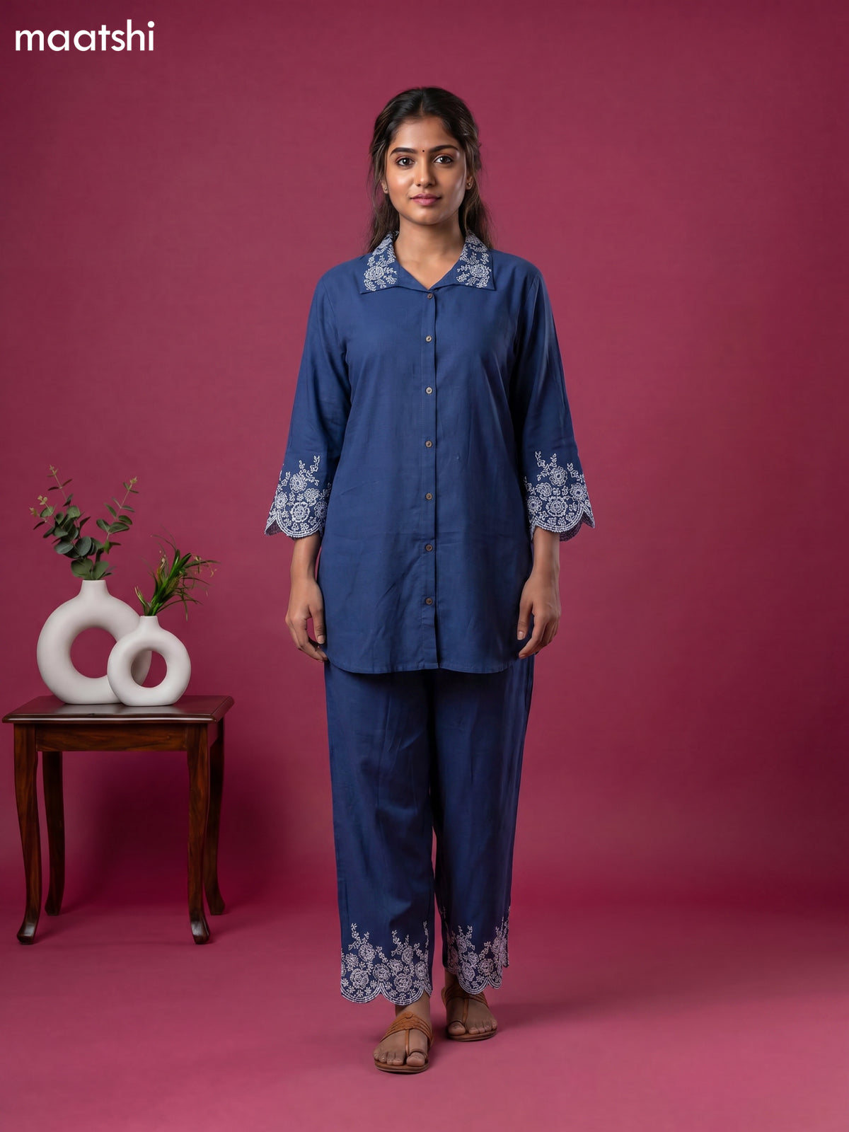 Blue Cotton Embroidery Work Short Co-Ord Set