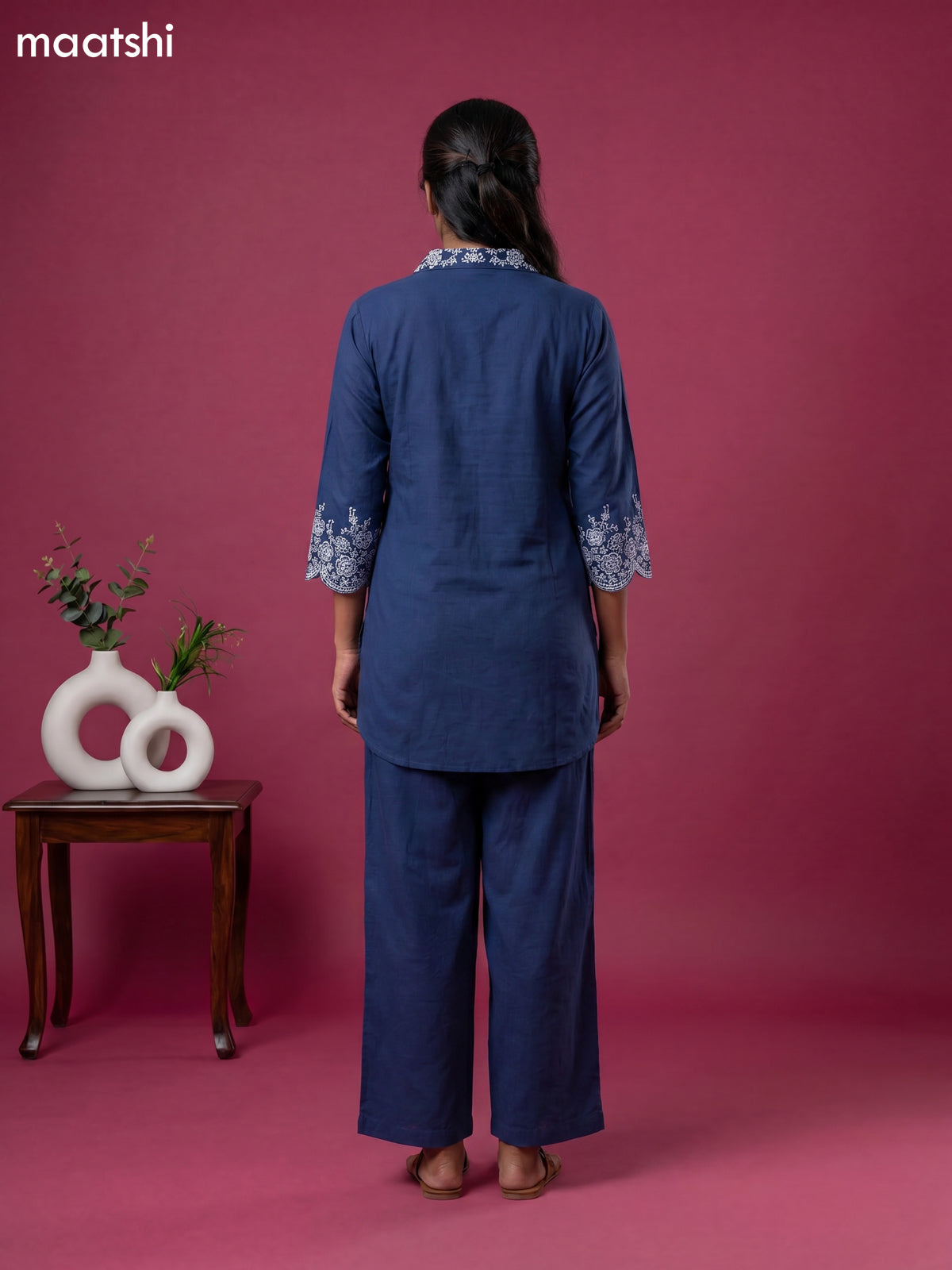 Blue Cotton Embroidery Work Short Co-Ord Set