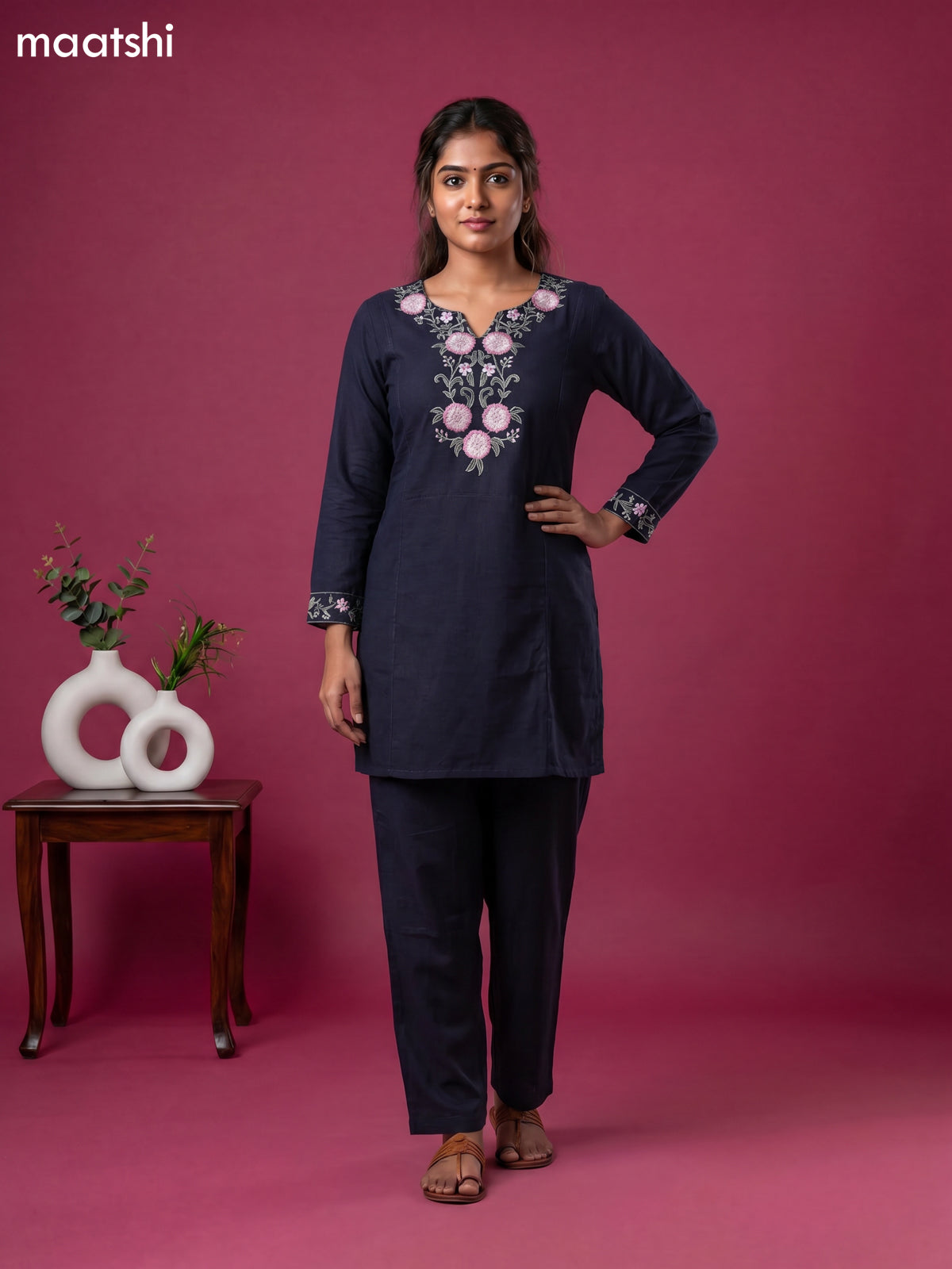 Dark Blue Cotton Embroidery Work Short Co-Ord Set