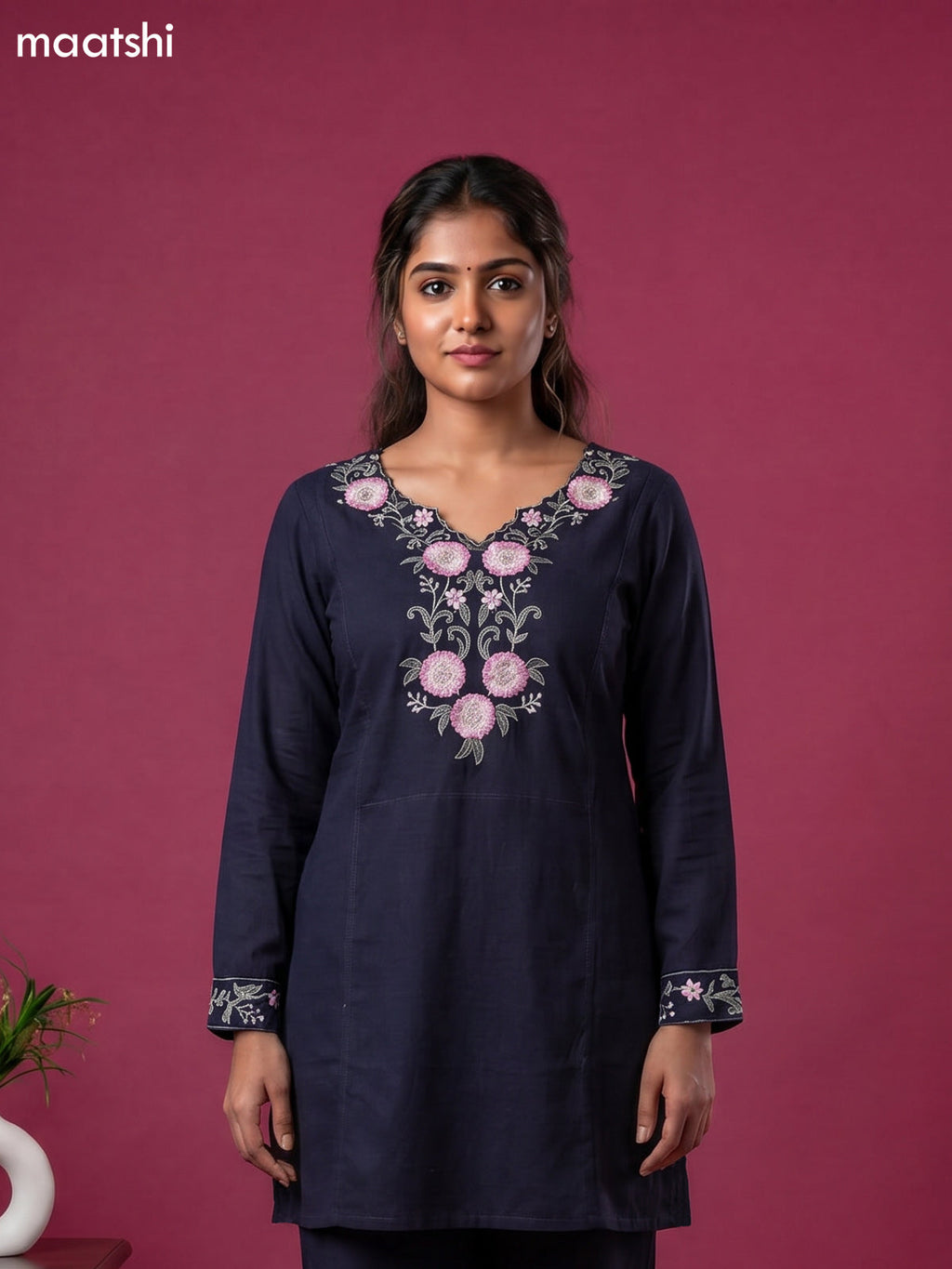 Dark Blue Cotton Embroidery Work Short Co-Ord Set