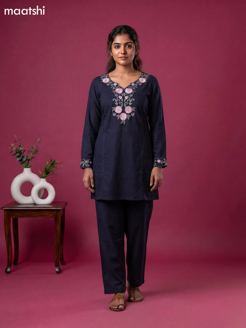 Dark Blue Cotton Embroidery Work Short Co-Ord Set