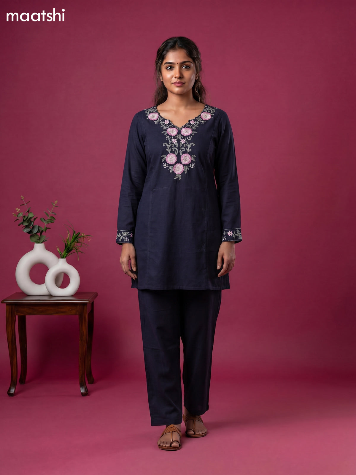 Dark Blue Cotton Embroidery Work Short Co-Ord Set