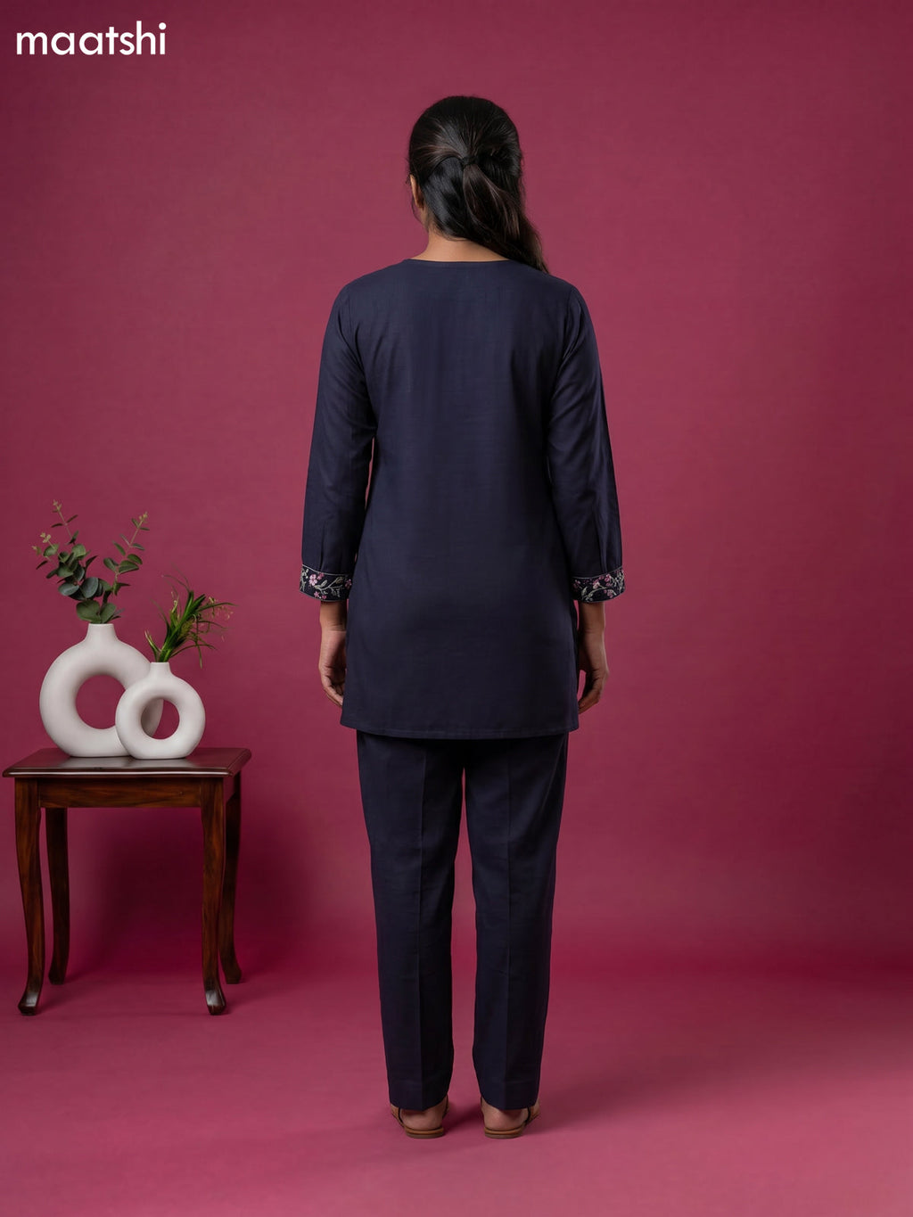 Dark Blue Cotton Embroidery Work Short Co-Ord Set