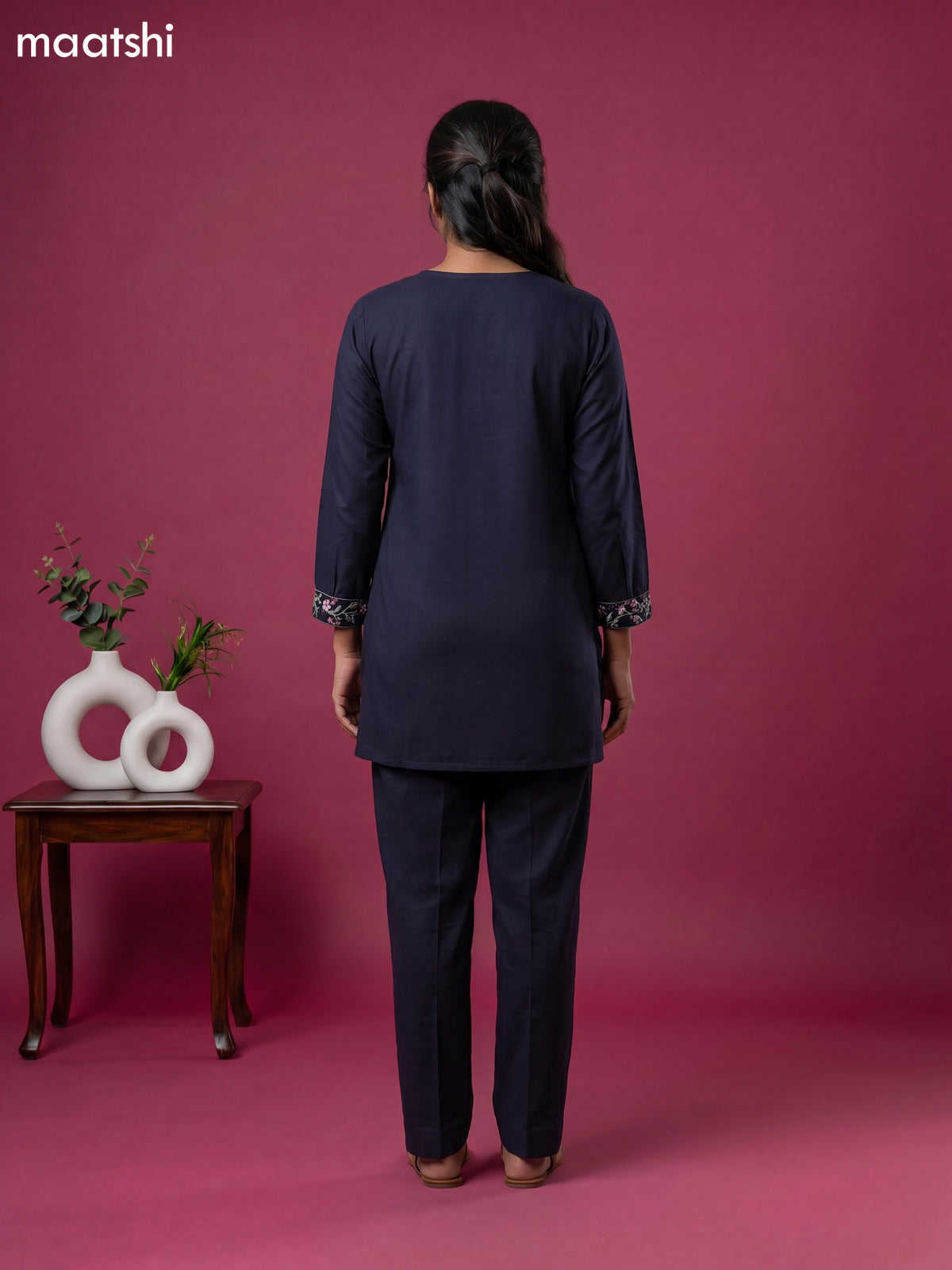 Dark Blue Cotton Embroidery Work Short Co-Ord Set