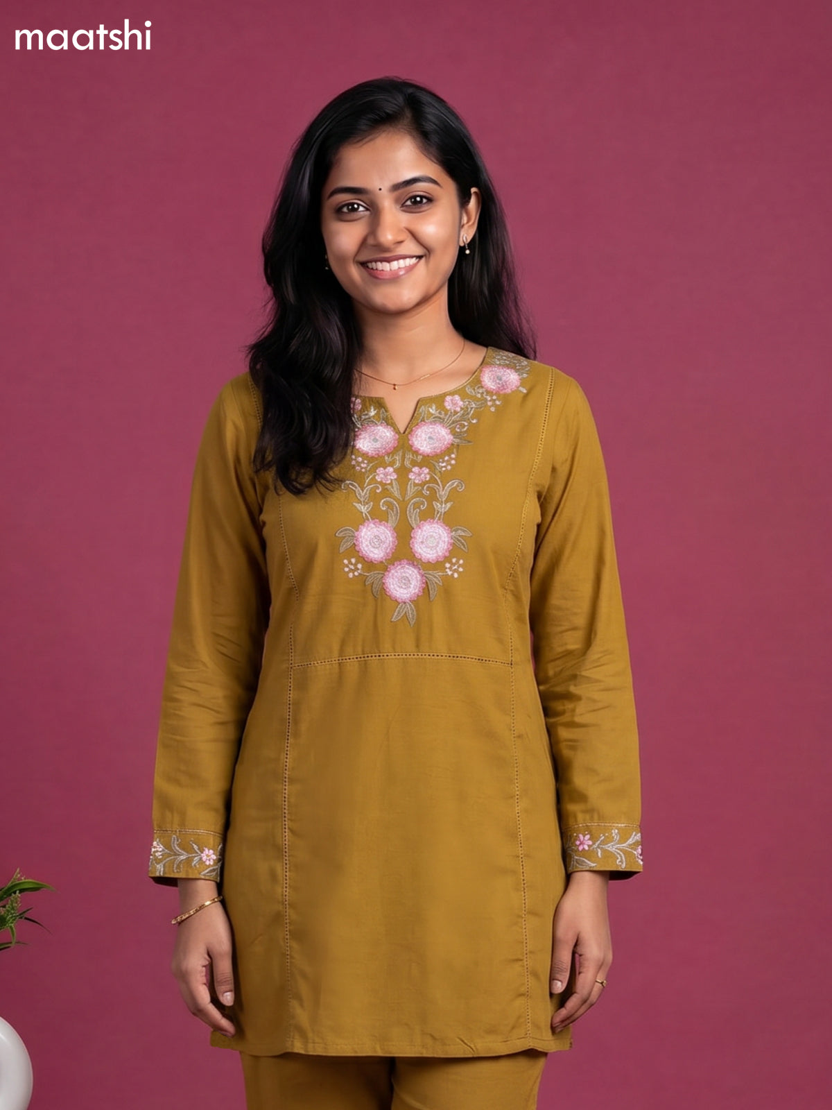 Dark Yellow Cotton Embroidery Work Short Co-Ord Set