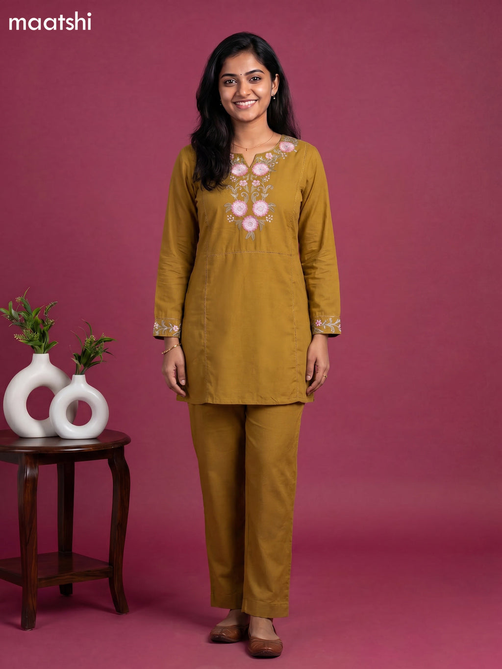 Dark Yellow Cotton Embroidery Work Short Co-Ord Set