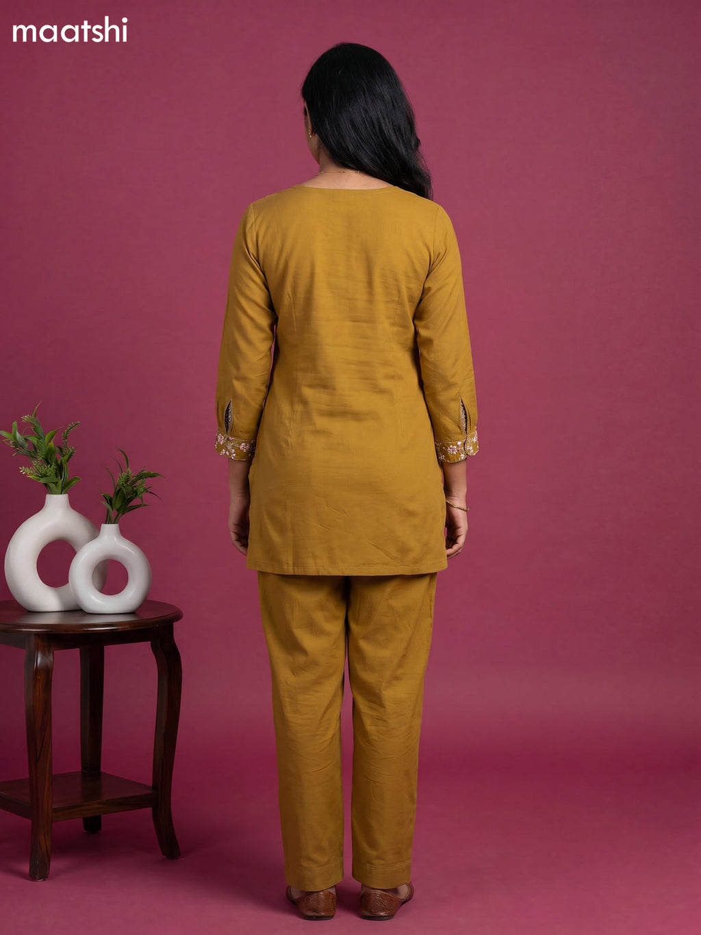 Dark Yellow Cotton Embroidery Work Short Co-Ord Set