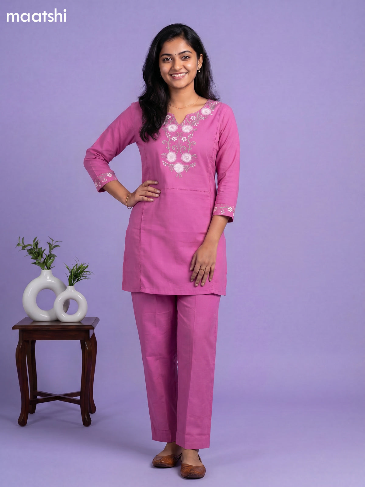 Lotus Pink Cotton Embroidery Work Short Co-Ord Set