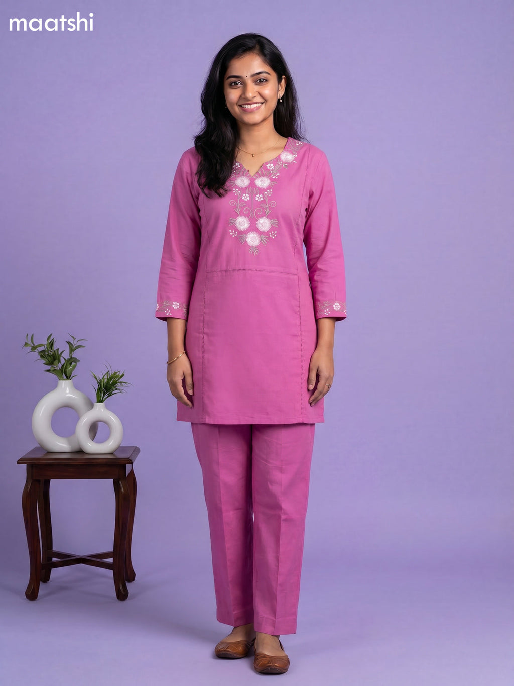 Lotus Pink Cotton Embroidery Work Short Co-Ord Set