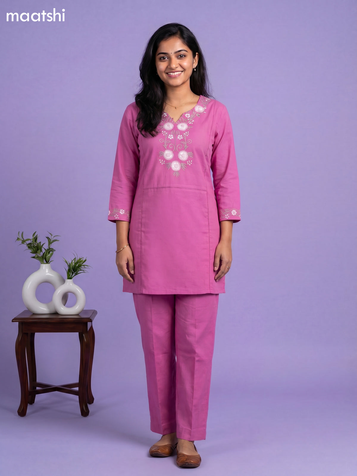 Lotus Pink Cotton Embroidery Work Short Co-Ord Set