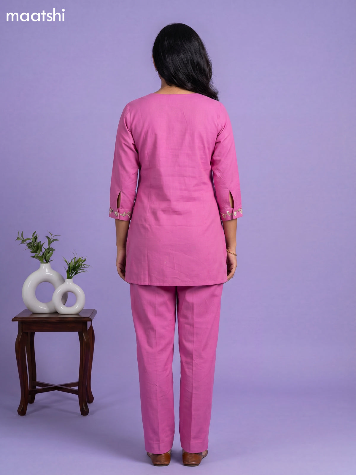 Lotus Pink Cotton Embroidery Work Short Co-Ord Set