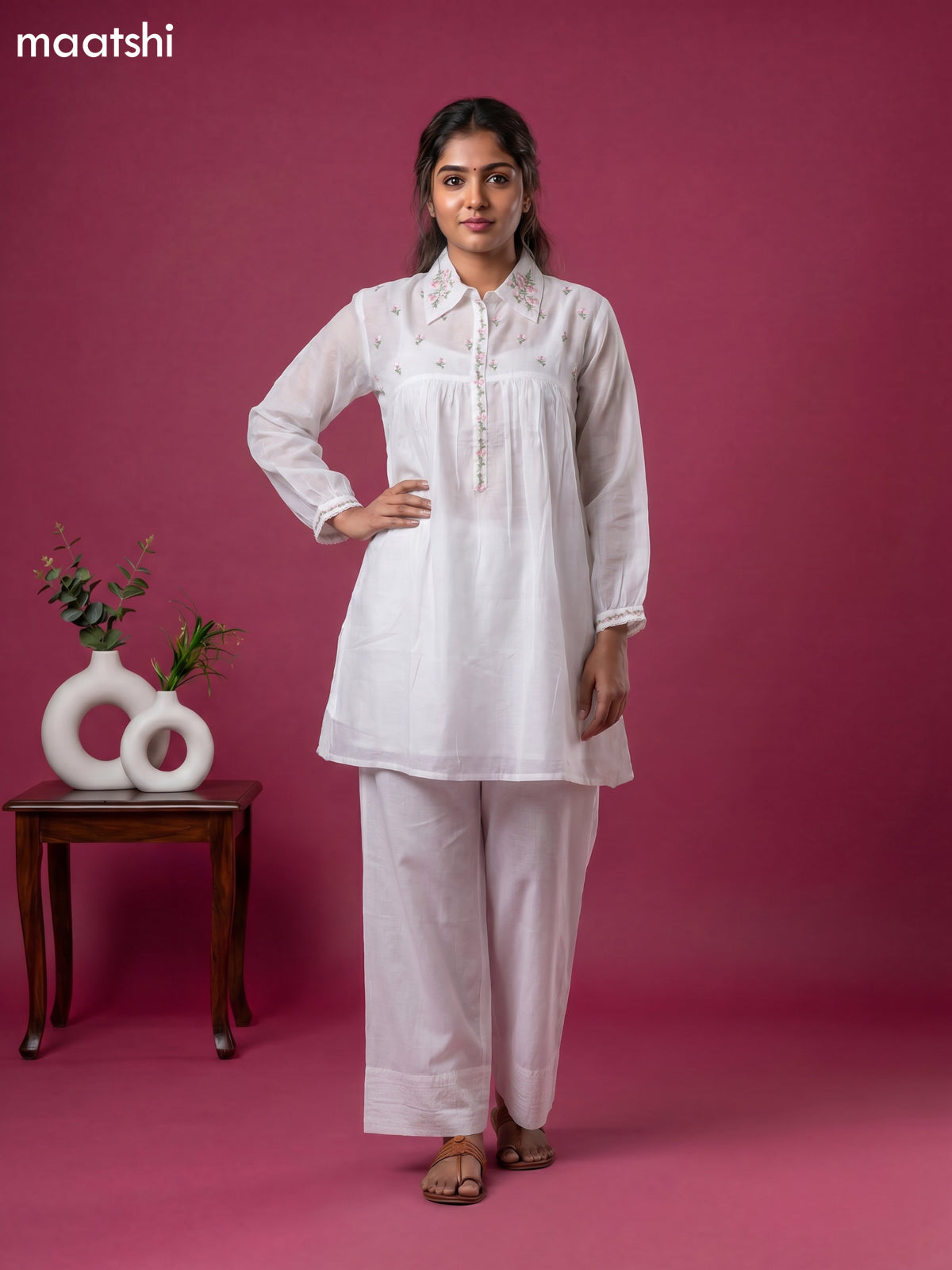White Cotton Embroidery Work Short Co-Ord Set