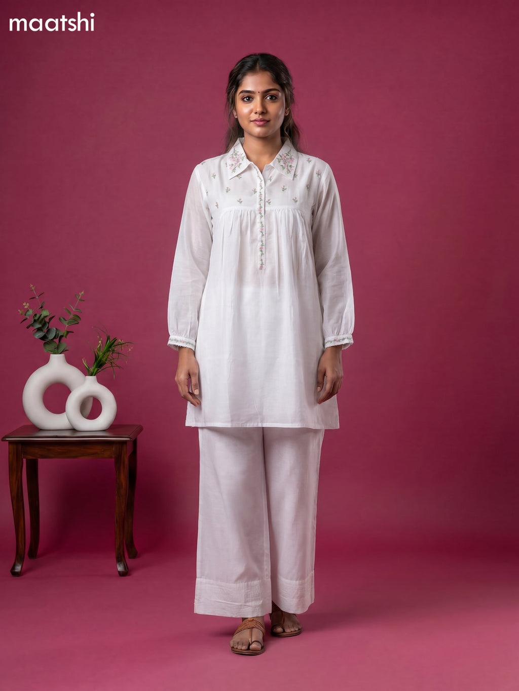 White Cotton Embroidery Work Short Co-Ord Set