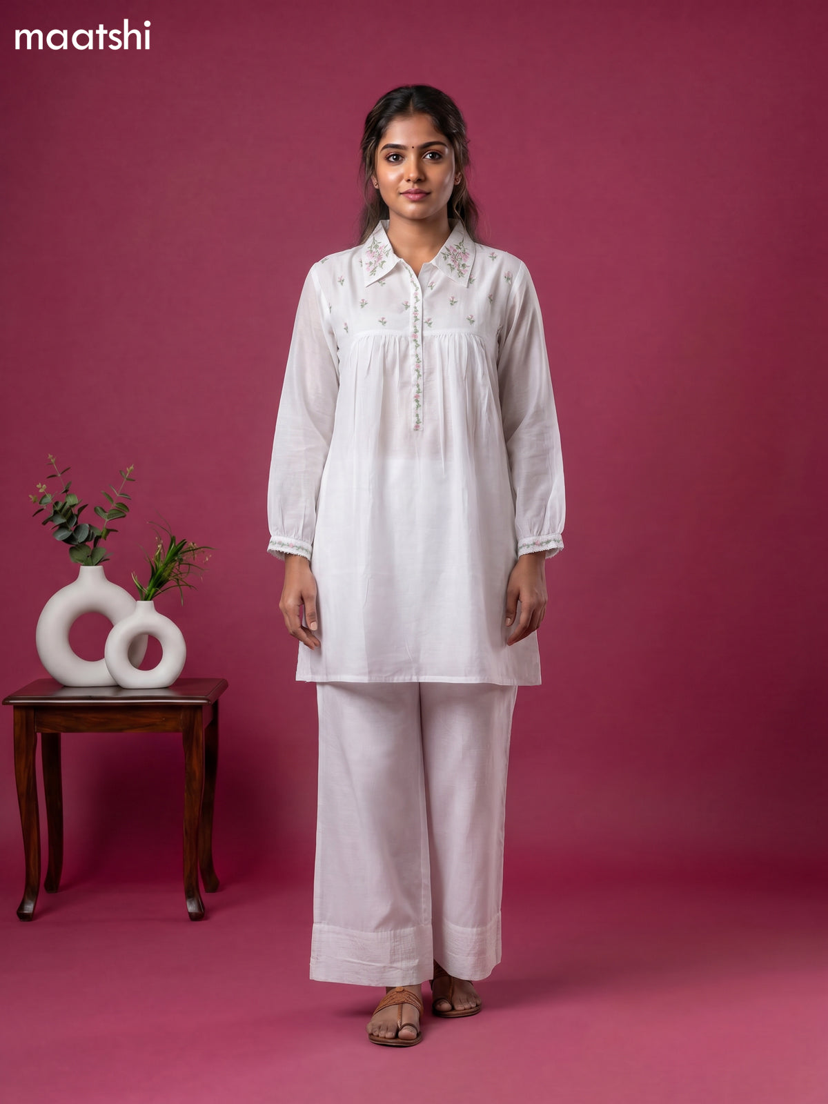 White Cotton Embroidery Work Short Co-Ord Set