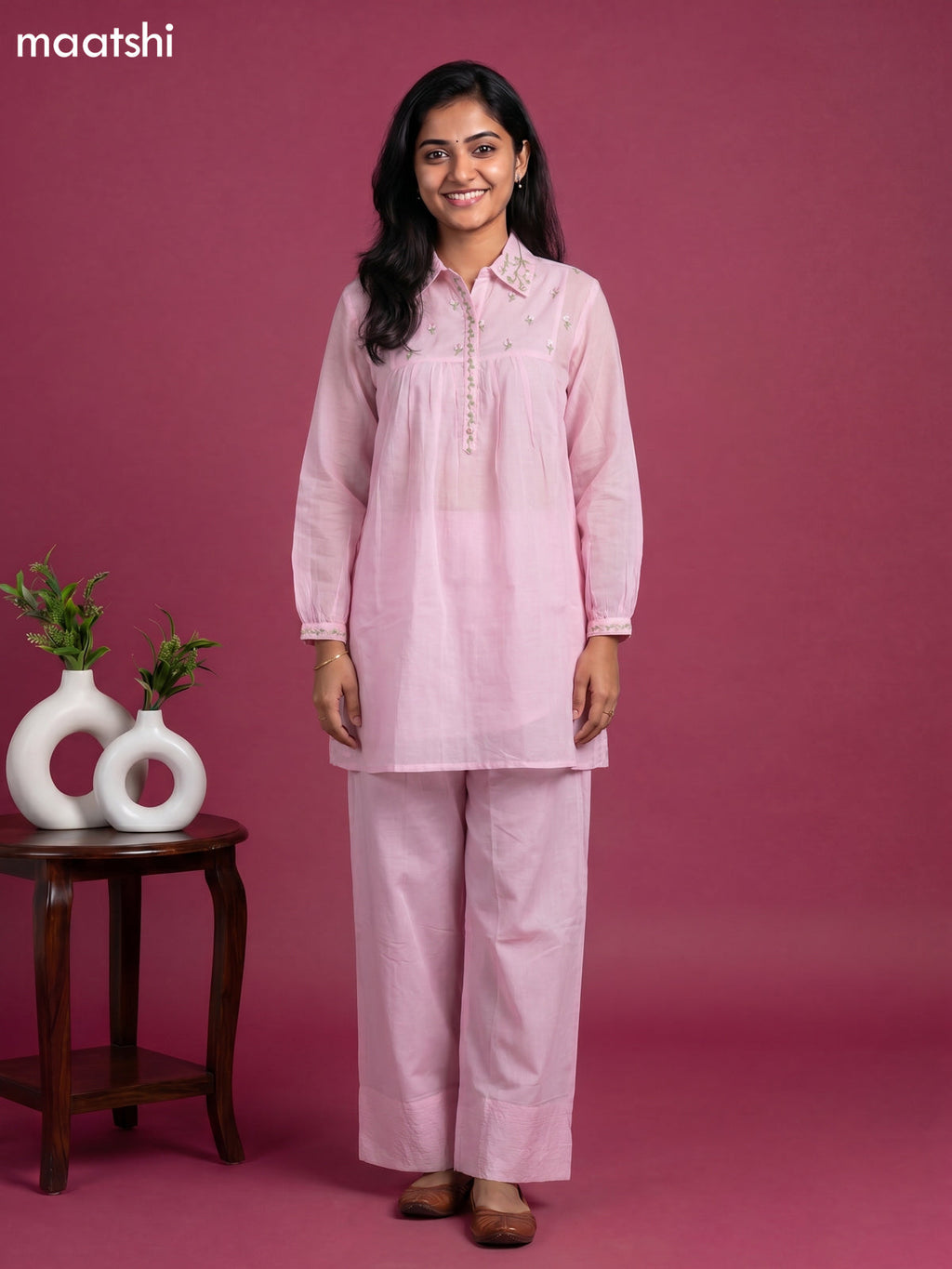 Baby Pink Cotton Embroidery Work Short Co-Ord Set