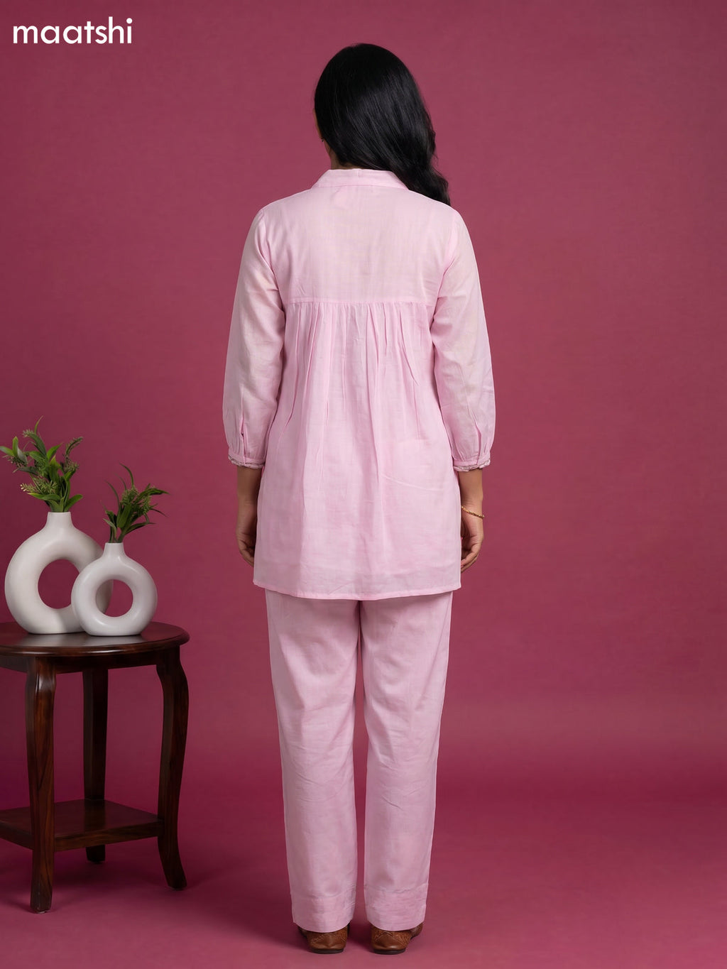 Baby Pink Cotton Embroidery Work Short Co-Ord Set