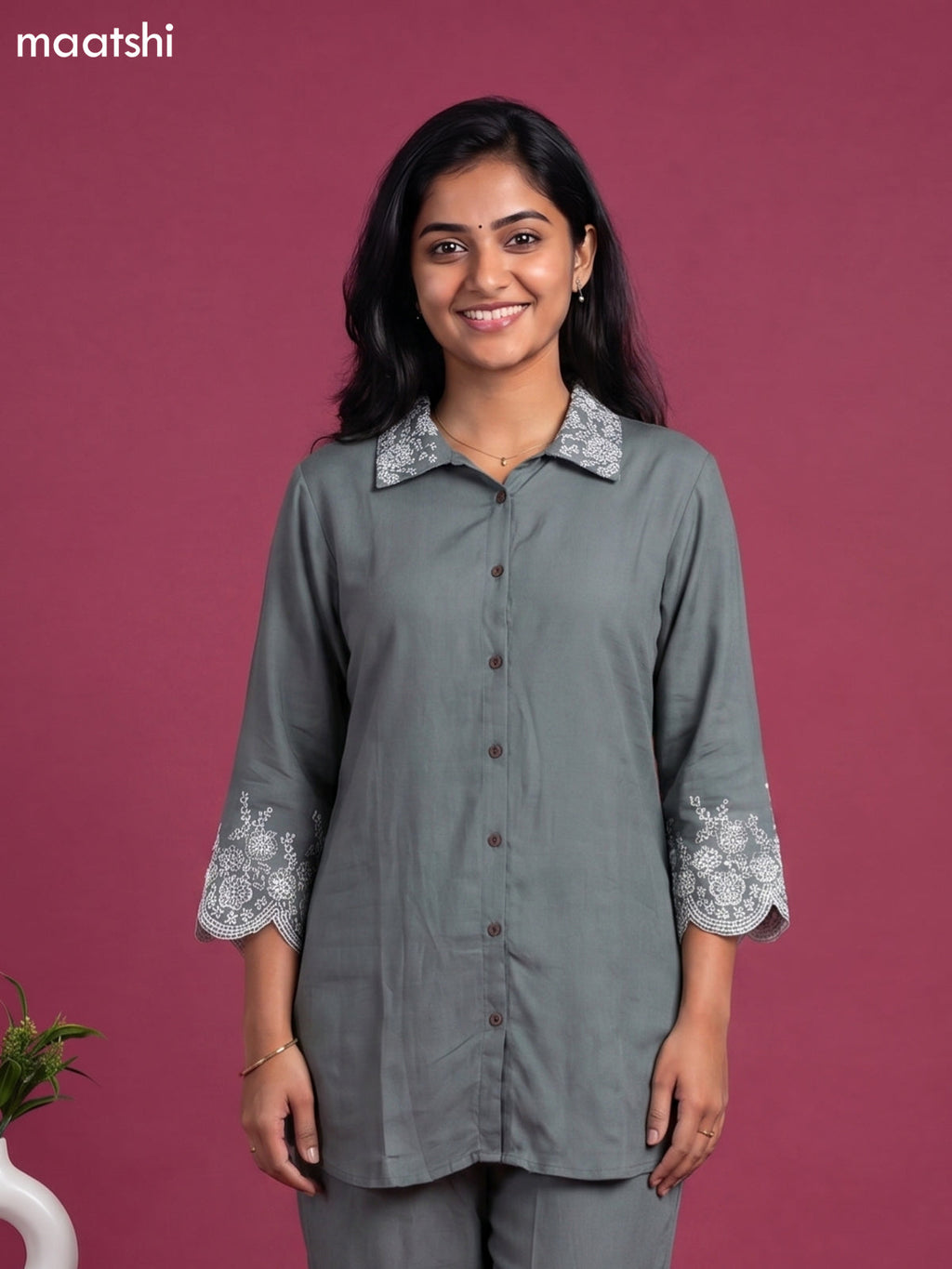 Dark Grey Cotton Embroidery Work Short Co-Ord Set