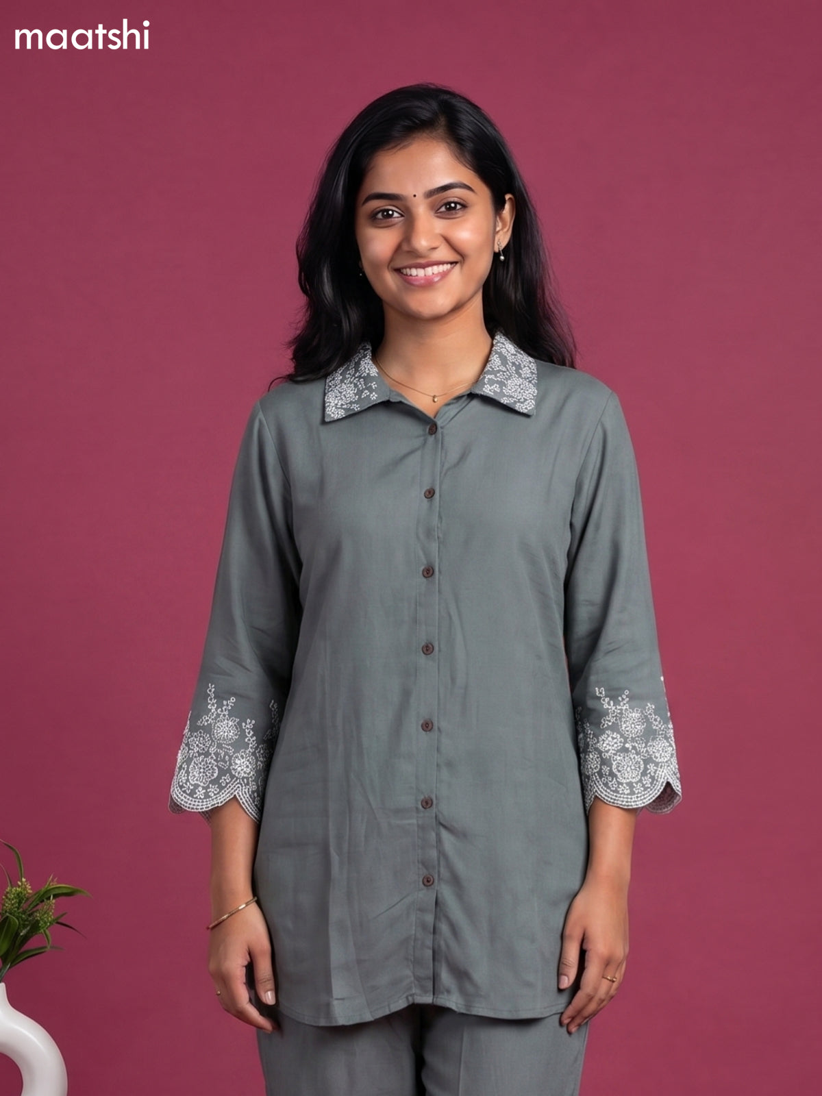 Dark Grey Cotton Embroidery Work Short Co-Ord Set