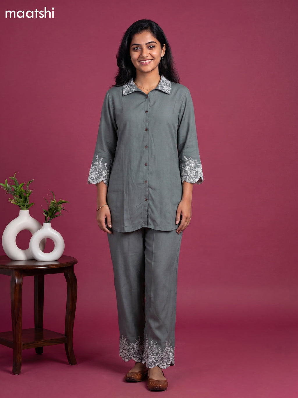 Dark Grey Cotton Embroidery Work Short Co-Ord Set