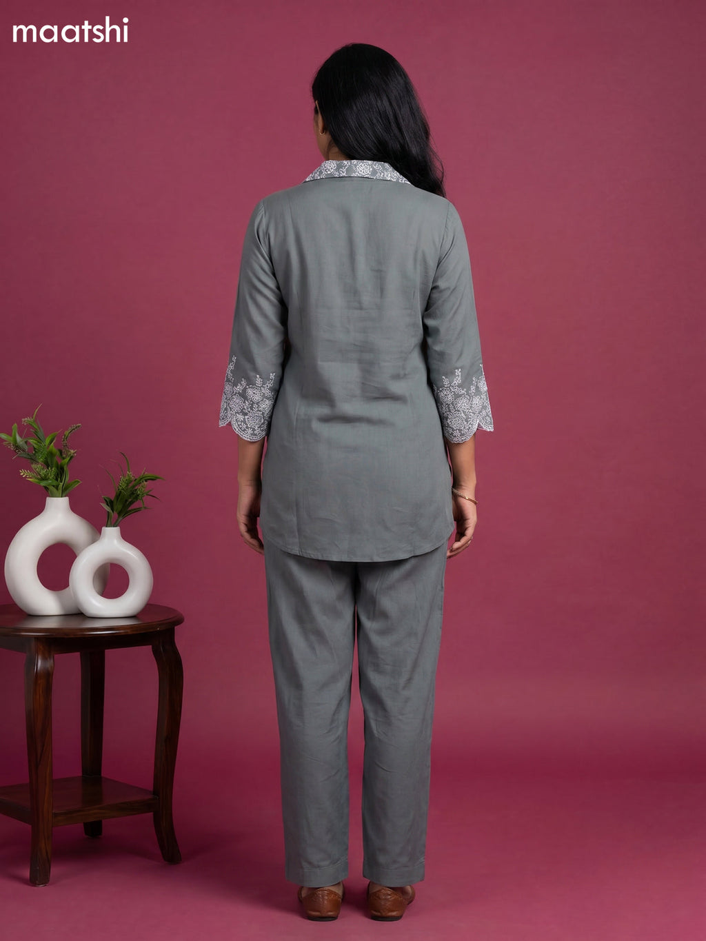 Dark Grey Cotton Embroidery Work Short Co-Ord Set
