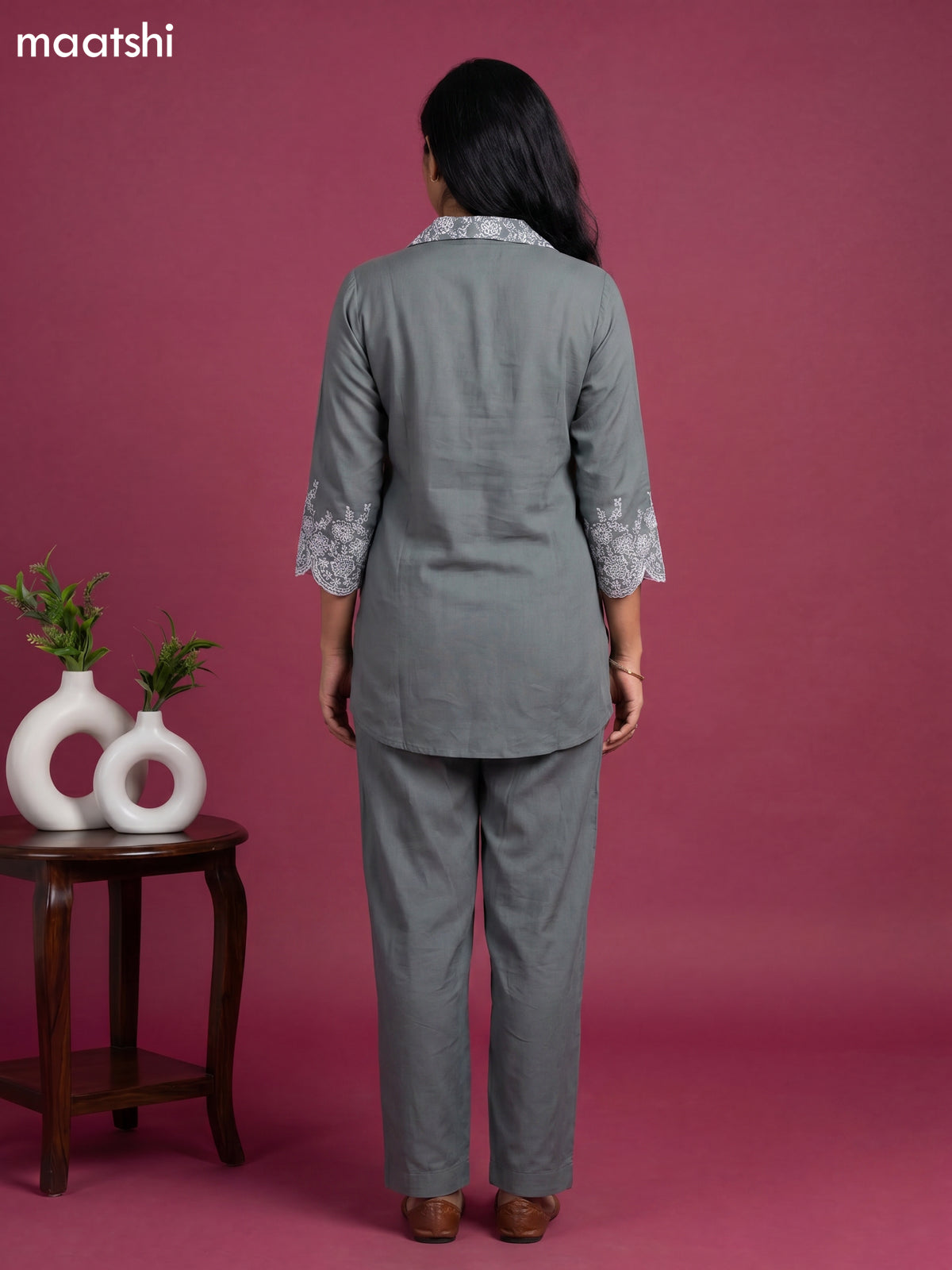 Dark Grey Cotton Embroidery Work Short Co-Ord Set