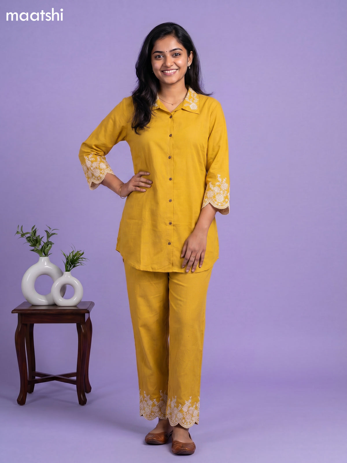 Mustard Yellow Cotton Embroidery Work Short Co-Ord Set