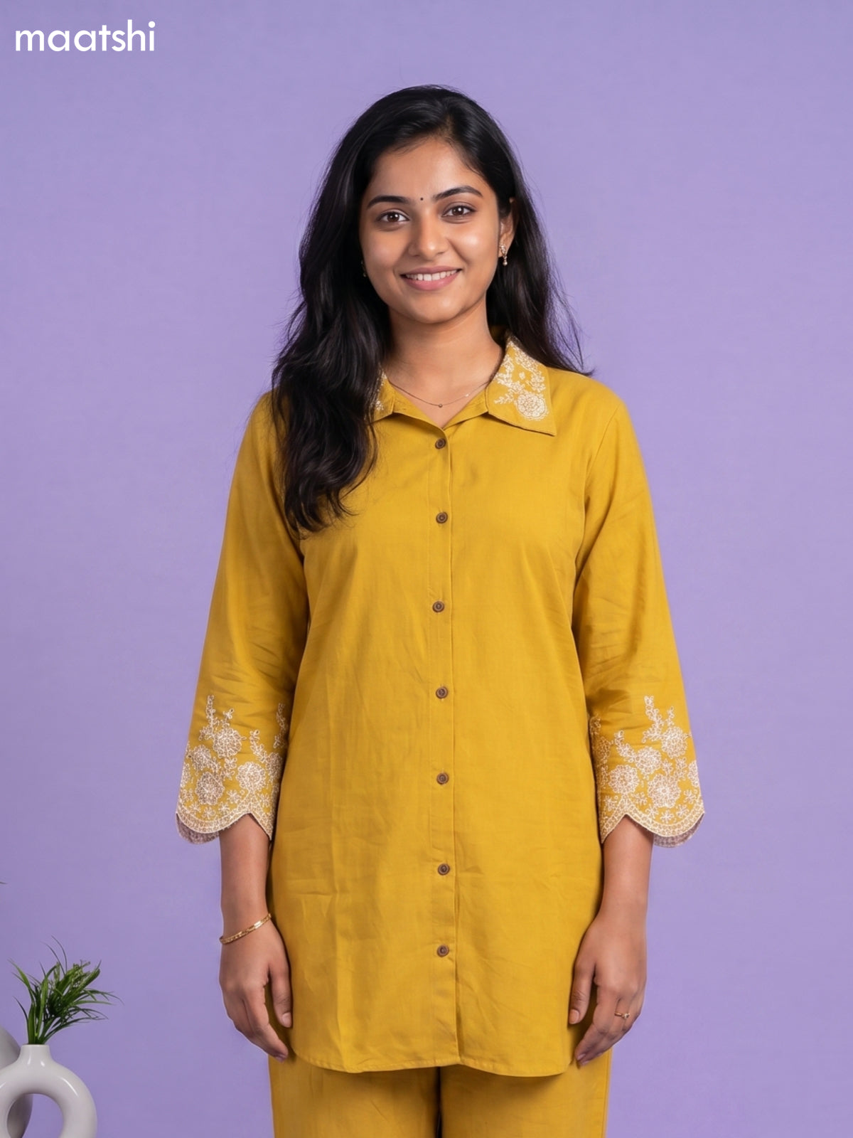 Mustard Yellow Cotton Embroidery Work Short Co-Ord Set