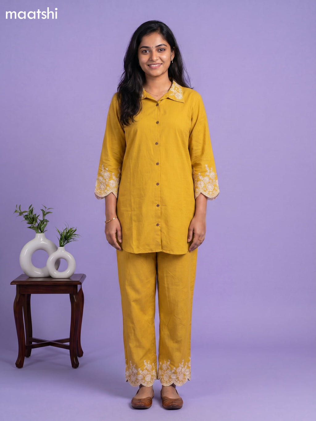 Mustard Yellow Cotton Embroidery Work Short Co-Ord Set