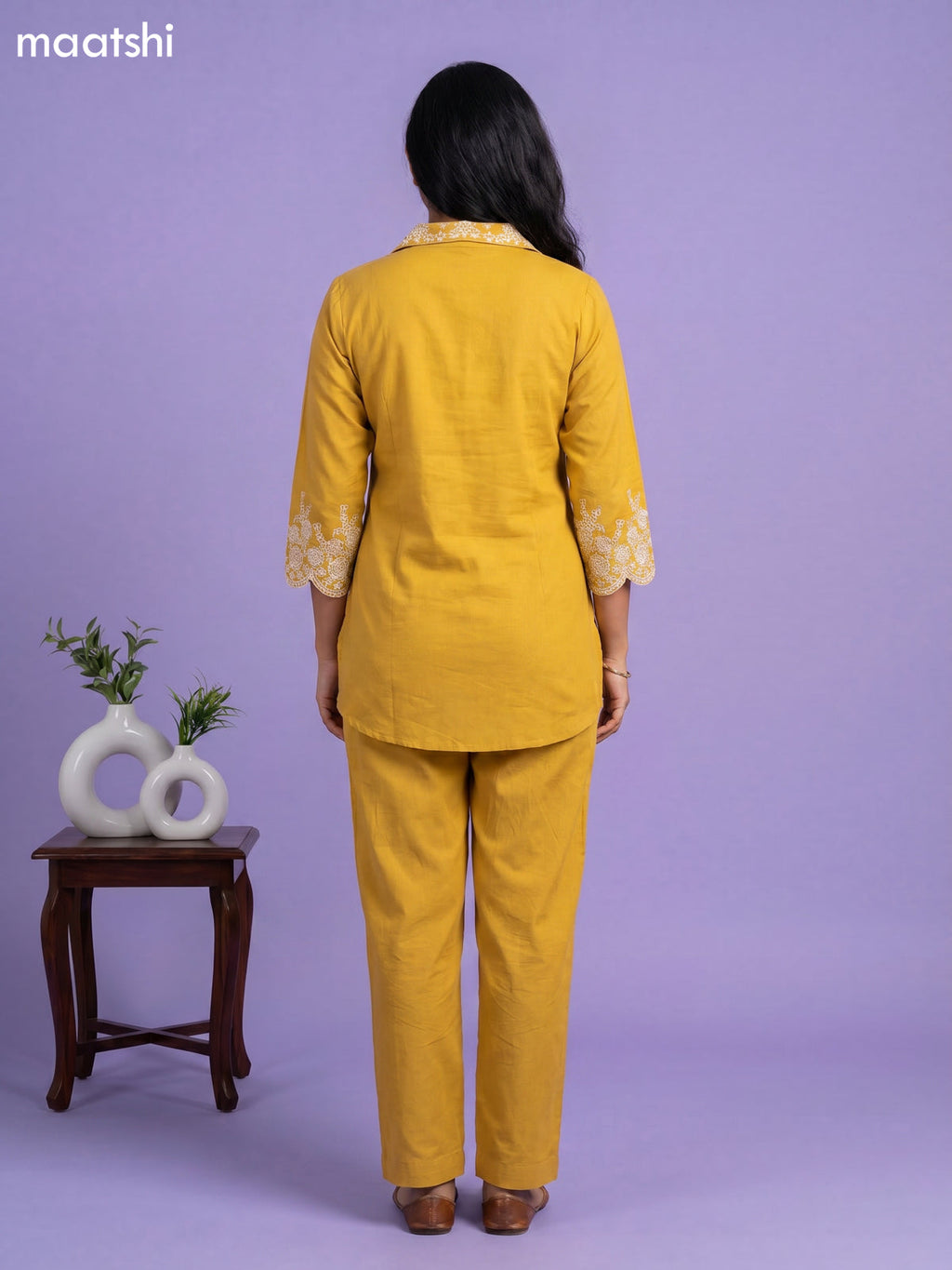 Mustard Yellow Cotton Embroidery Work Short Co-Ord Set
