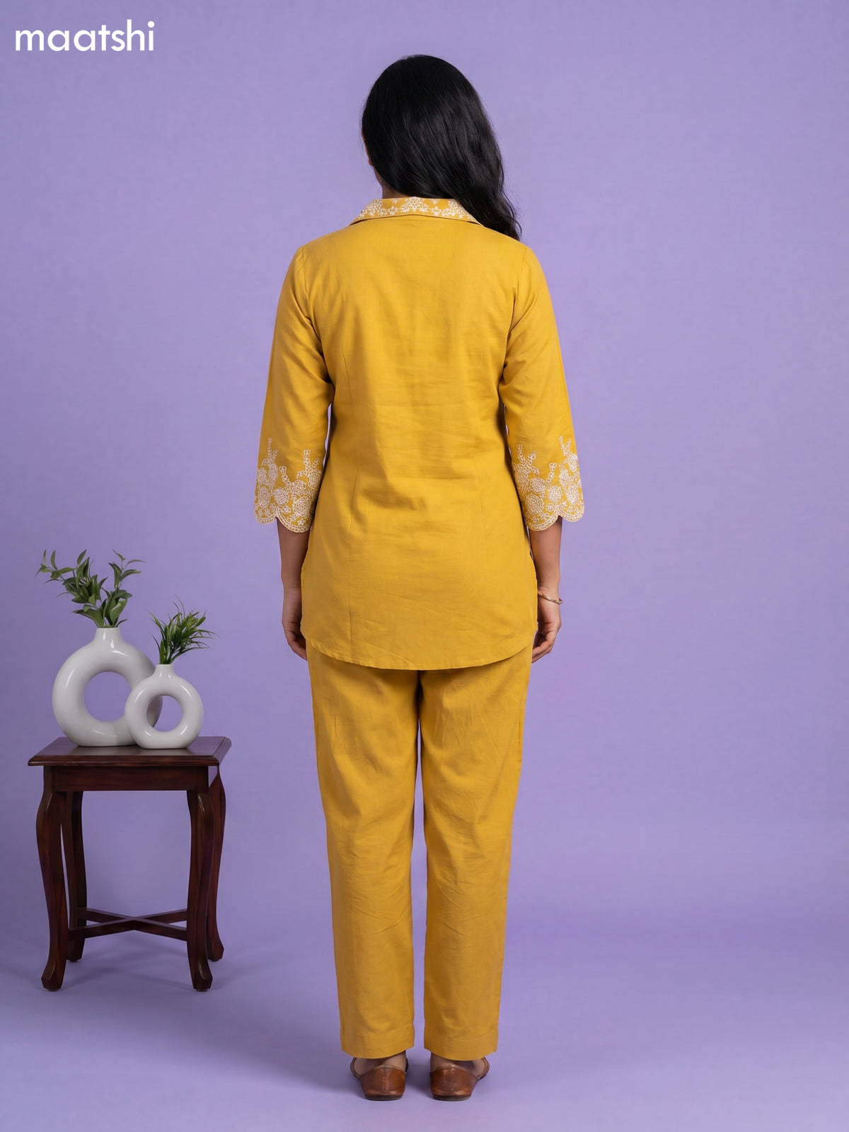 Mustard Yellow Cotton Embroidery Work Short Co-Ord Set