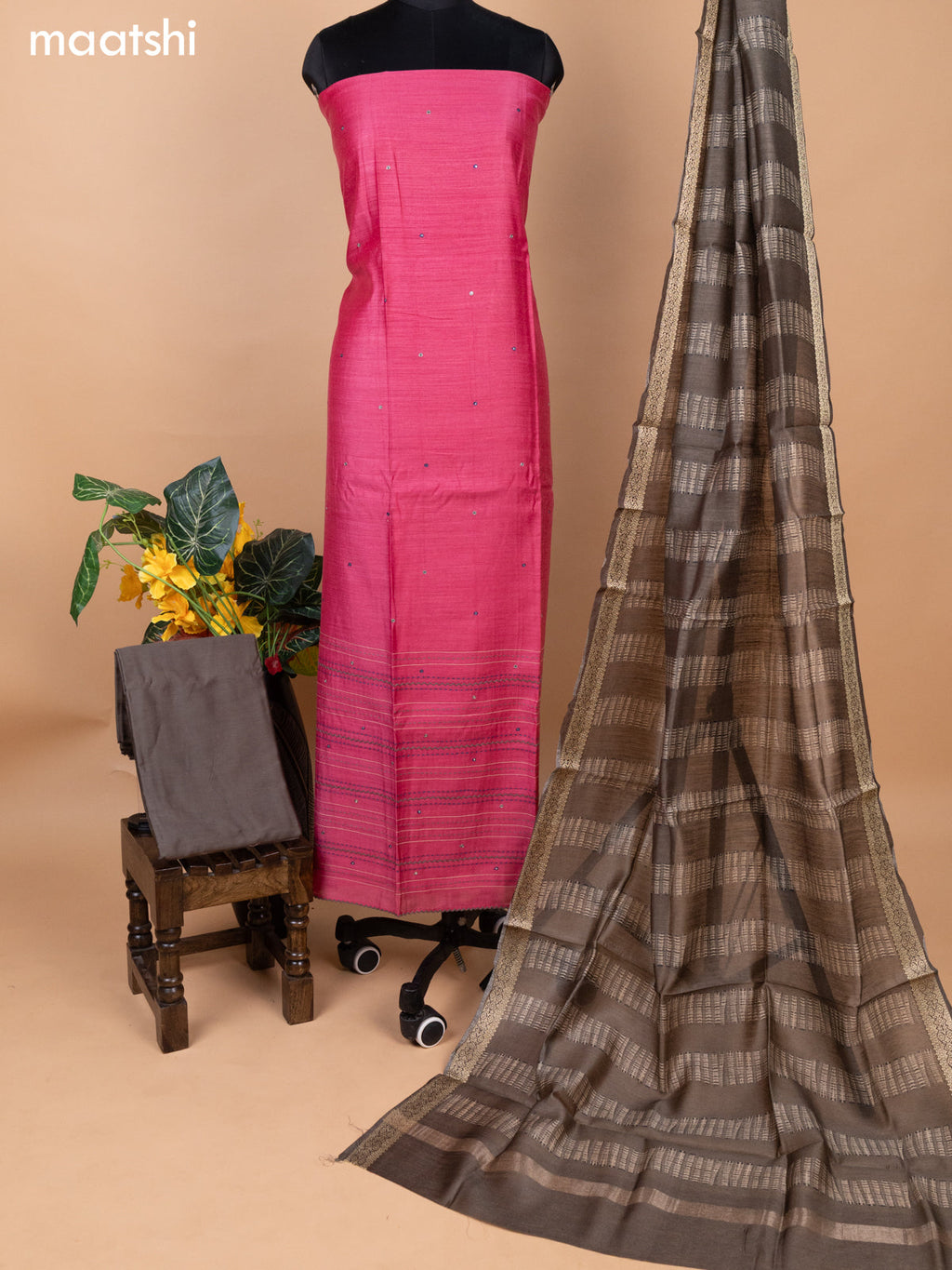 Pink and Grey Pure Tussar Dress Material With Allover Mirror & Kantha Stitch Work