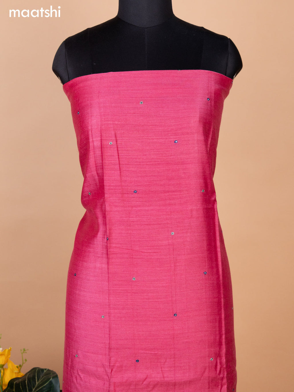 Pink and Grey Pure Tussar Dress Material With Allover Mirror & Kantha Stitch Work