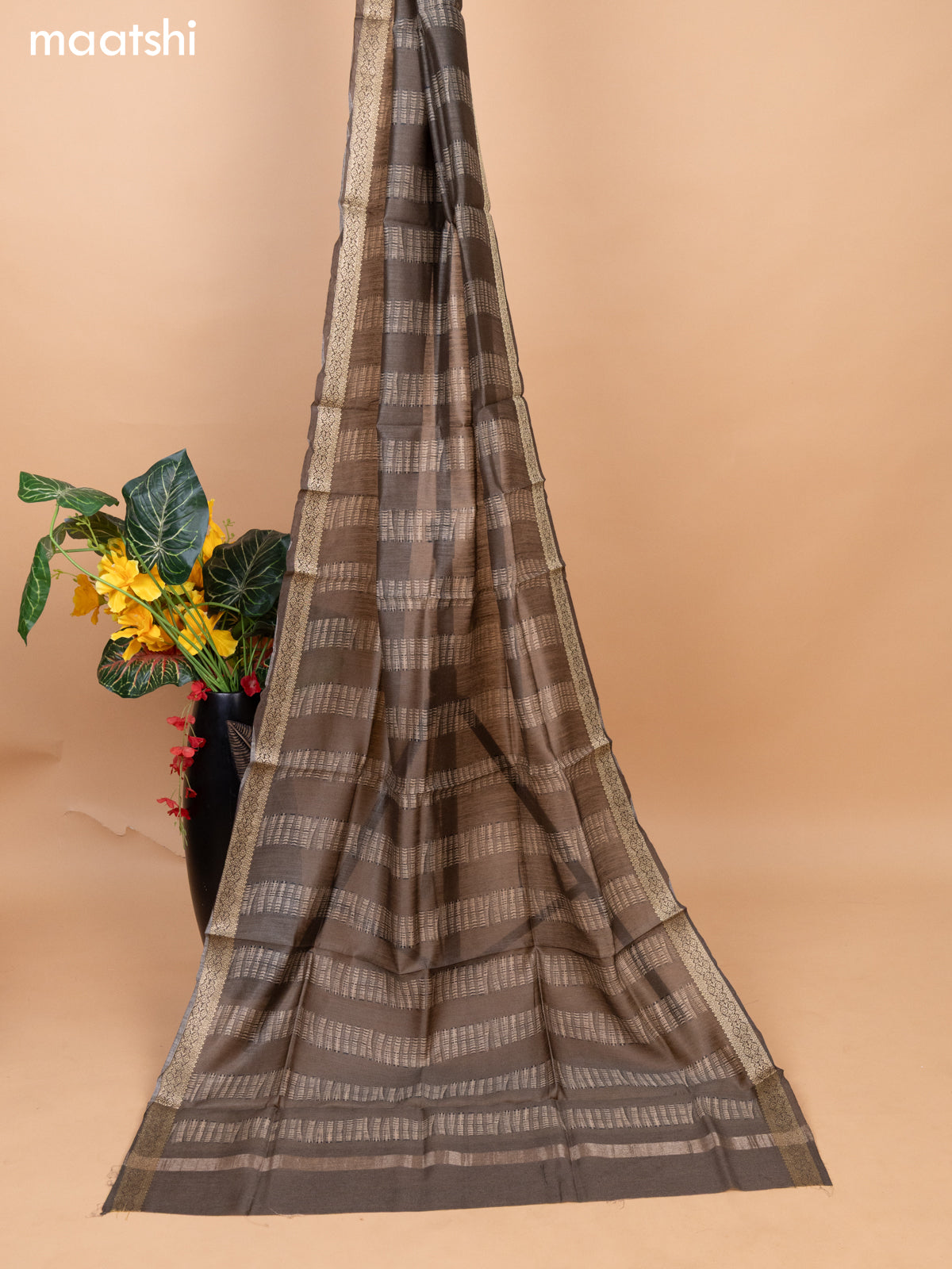 Pink and Grey Pure Tussar Dress Material With Allover Mirror & Kantha Stitch Work