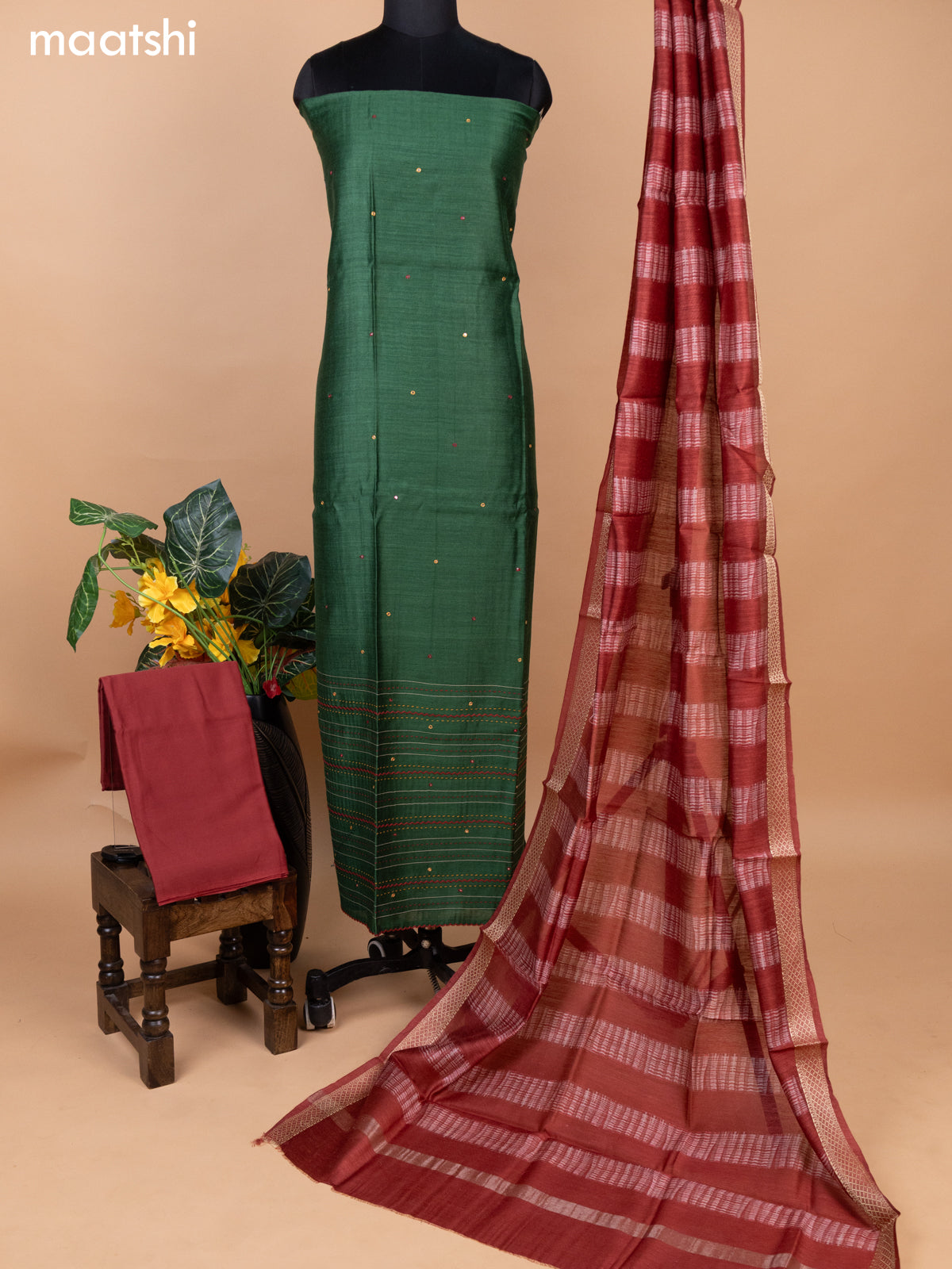 Green and Maroon Pure Tussar Dress Material With Allover Mirror & Kantha Stitch Work