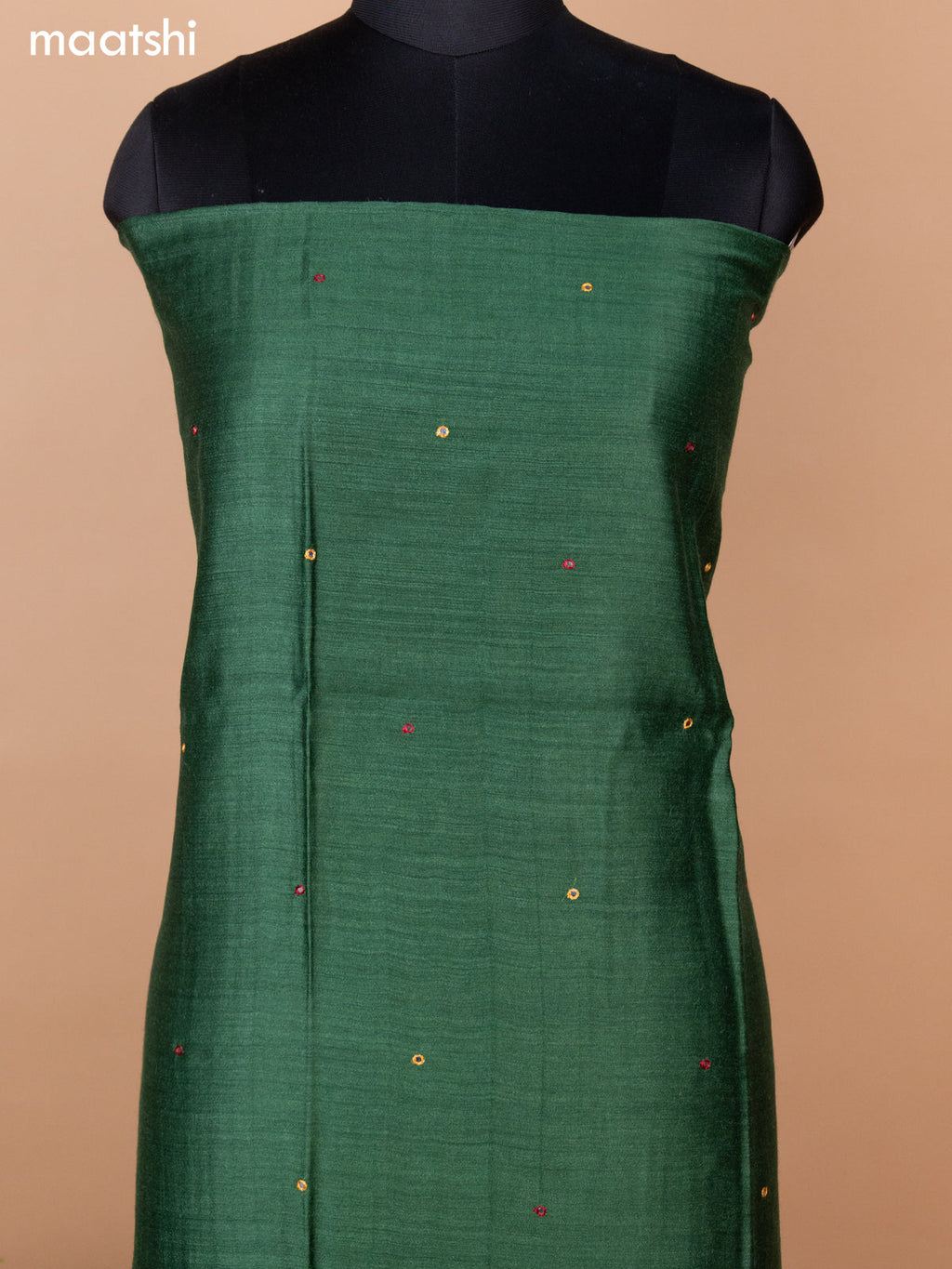 Green and Maroon Pure Tussar Dress Material With Allover Mirror & Kantha Stitch Work