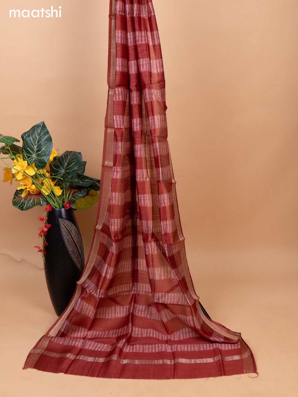 Green and Maroon Pure Tussar Dress Material With Allover Mirror & Kantha Stitch Work