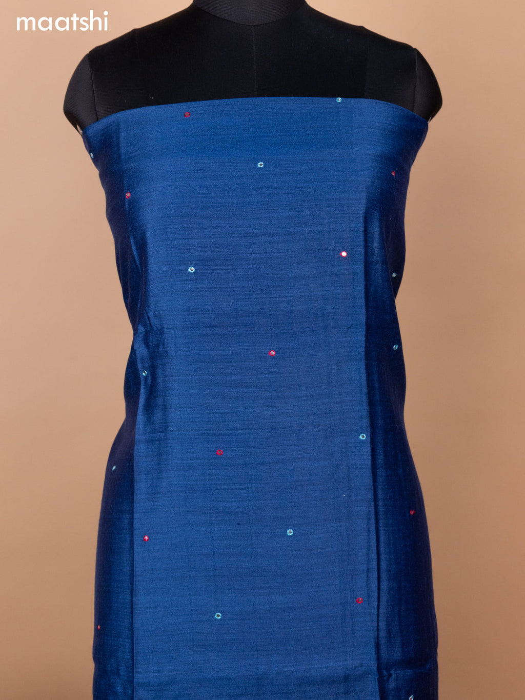 Blue and Maroon Pure Tussar Dress Material With Allover Mirror & Kantha Stitch Work