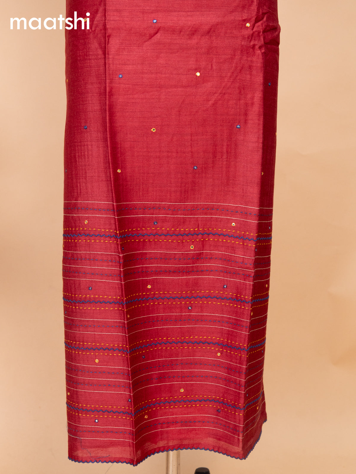 Maroon and Peacock Blue Pure Tussar Dress Material With Allover Mirror & Kantha Stitch Work