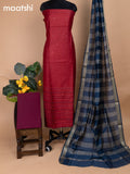 Maroon and Peacock Blue Pure Tussar Dress Material With Allover Mirror & Kantha Stitch Work