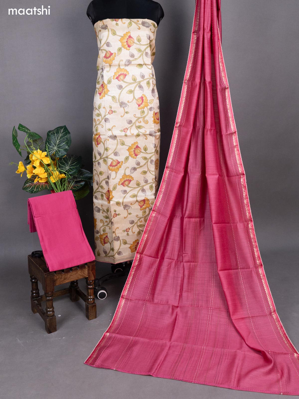 Cream and Pink Pure Tussar Dress Material With Allover Kalamkari Prints