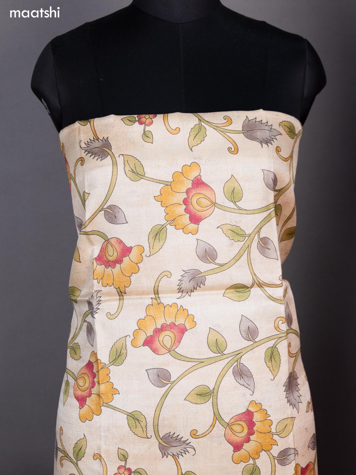 Cream and Pink Pure Tussar Dress Material With Allover Kalamkari Prints