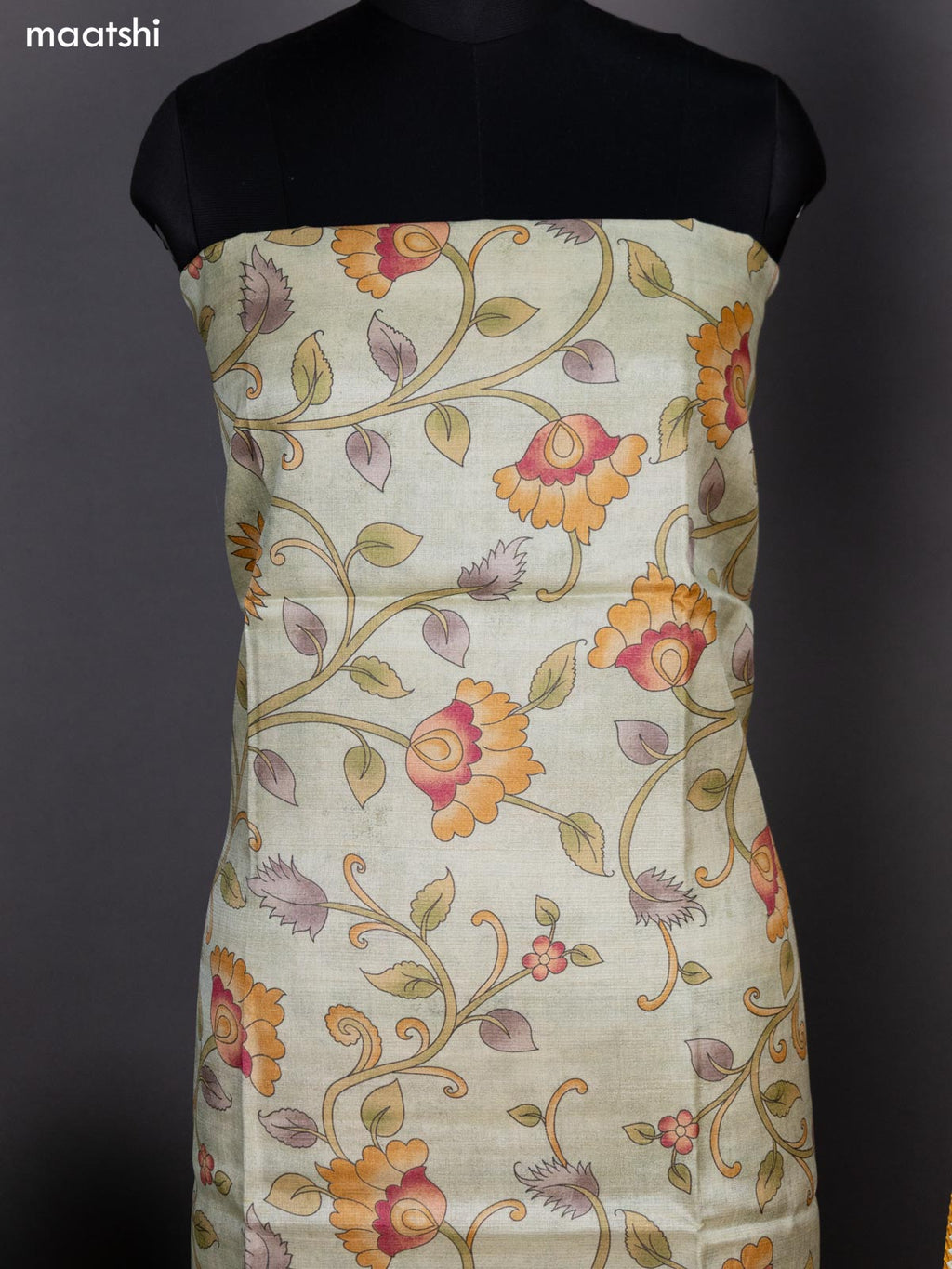 Pista Green and Sandal Pure Tussar Dress Material With Allover Kalamkari Prints