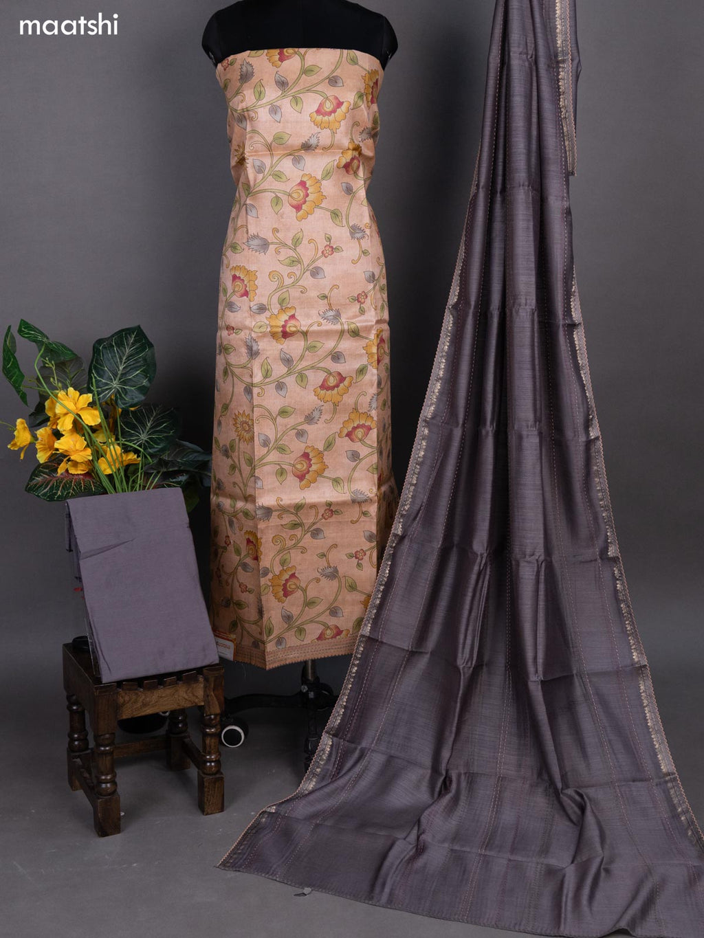 Peach Shade and Grey Pure Tussar Dress Material With Allover Kalamkari Prints